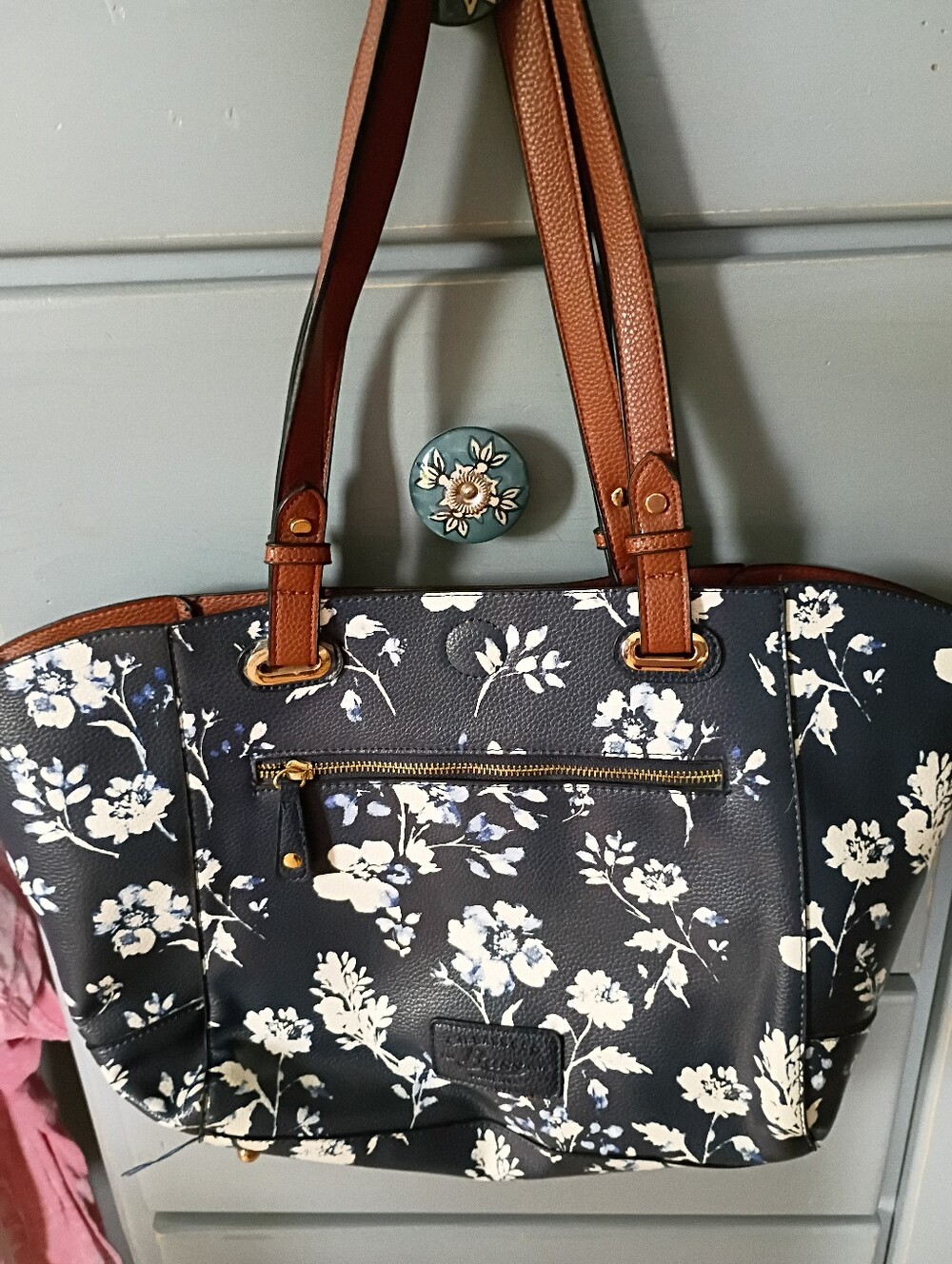 Navy Floral Tote with Brown Handles With removable Inside Tote With Handles